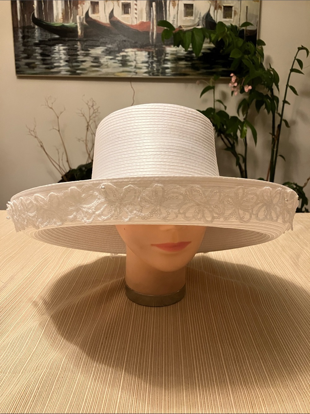 Elegant White Satin Ribbon Wide-Brim Embroidered Hat